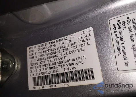 2010 Honda Cr-V Lx из США, поврежденный, VIN JHLRE3H30AC011818